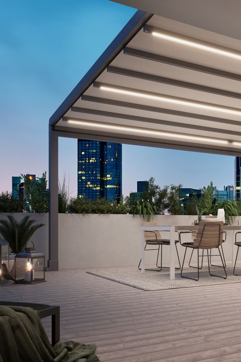 Sometimes you need shade, and sometimes you need light. Luckily, the markilux pergola classic can be customized with LED lights, heaters, and a variety of fabric and frame options. Configure yours at the link. Beaufort Scale, Pergola Retractable, Solar Protection, Awning Accessories, Solar Module, Rain Gutters, Oyster Bar, Led Spot, Vertical Blinds