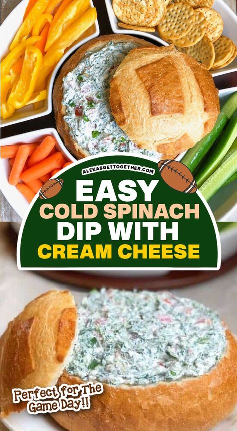 Spinach Cream Cheese Dip, Spinach Dip With Cream Cheese, Cream Cheese Veggie Dip, Cold Spinach Dip, Spinach Dip Cold, Bread Dips Recipes, Game Day Dip, Classic Spinach Dip, Bread Bowl Dip