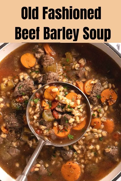 Craving a bowl of warm and hearty soup? Dive into our Beef Barley Soup recipe! It's full of tender beef, hearty barley, and a medley of veggies and simmered to perfection. It's the ultimate comfort food for chilly days! ❤️ #BeefBarleySoup #HomemadeSoup #ComfortFood" Healthy Beef And Barley Soup, Stove Top Beef Barley Soup, Beef Barley Vegetable Soup, Beef Soup Bones, Beef Barley Stew, Cottage Cafe, Beef And Barley Soup, Soup Sandwich, Barley Soup Recipe