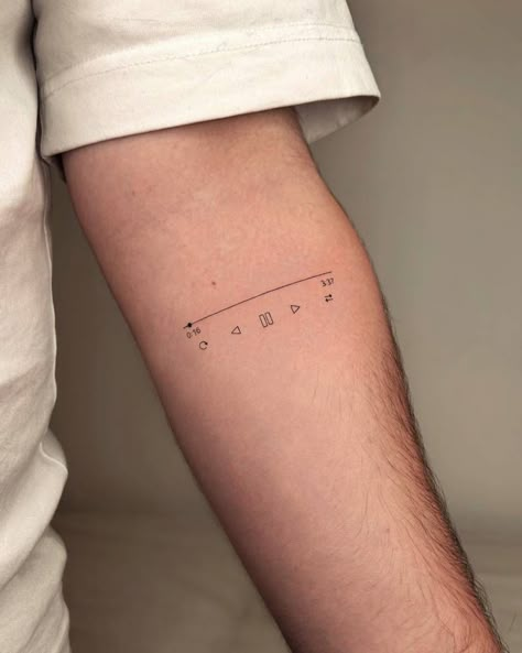 Minimalistic style music media controls tattoo located Pause Play Rewind Tattoo, Small Tattoos For Music Lovers, Subtle Music Tattoo, Indie Music Tattoo, Music Minimalist Tattoo, Playlist Tattoo, Small Tattoos Music, Musician Tattoo Ideas, Minimalist Tattoo Music