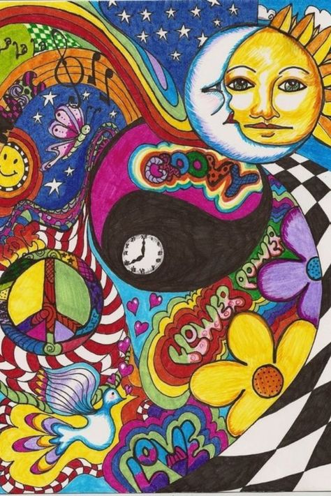 hippie drawing A Drawing, Sun Moon, Peace Sign, Drawing Ideas, Moon, Sun, Flowers, Art