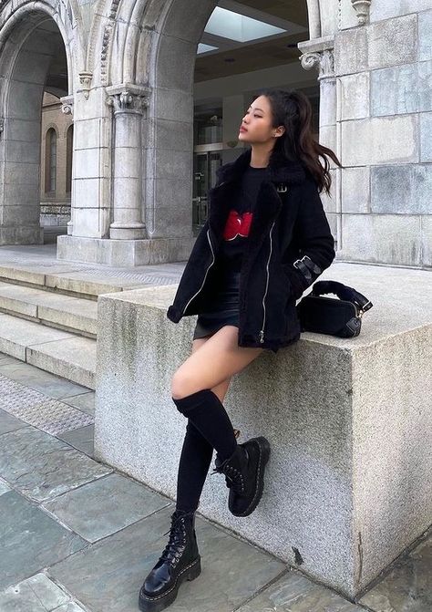 International Student Outfit, Student Outfit, Doc Martens, Over Knee Boot, Leather Skirt, Korean Fashion, Outfit Ideas, Vogue, Fashion Outfits