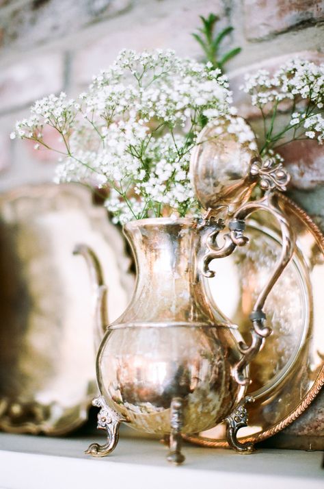 Puffs of Baby's Breath in Vintage Containers - Vintage, Rustic or Casual Elegance | Nancy Neil Photography Teapot Arrangements, Vintage Pantry, Vase With Flowers, Vintage Containers, Silver Teapot, Babies Breath, Silver Decor, Tarnished Silver, Silver Tea