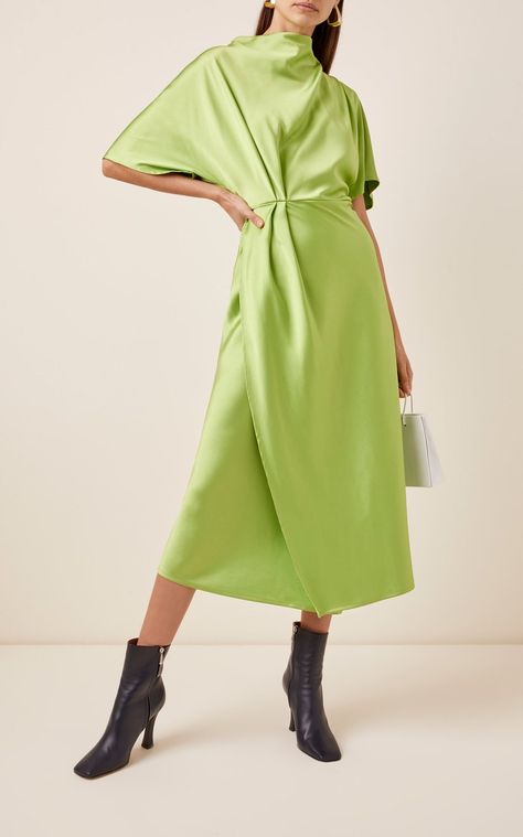 Green Satin Dress Outfit, Lime Green Satin Dress, Rhode Dress, Satin Dress Outfit, Professional Dress For Women, Green Satin Dress, Embossed Boots, Professional Dress, Stine Goya