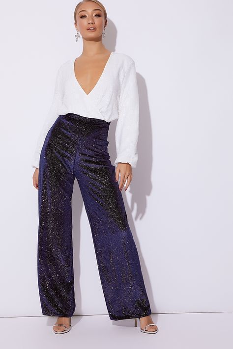 HISYA NAVY EXTREME WIDE LEG GLITTER TROUSER Galaxy Pants, Navy Wide Leg Trousers, Glitter Pants, Dark Blue Pants, Nye Fashion, Xmas Outfits, Going Out Trousers, Trouser Outfit, Sparkly Top