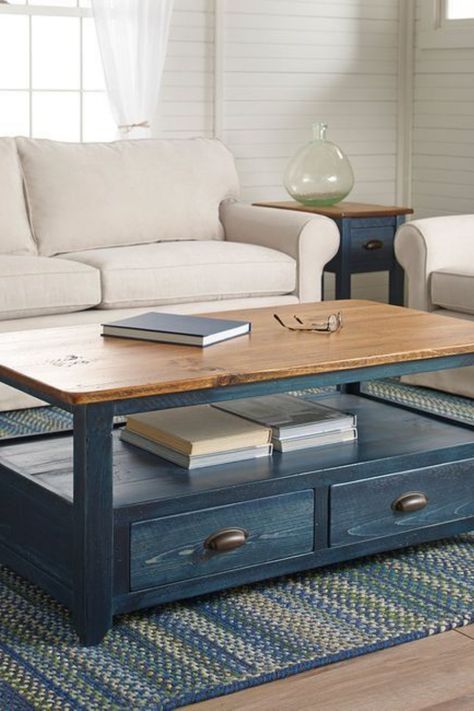 This painted coffee table is giving us all the cozy vibes with a side of chic! It’s amazing how a little color can totally transform a space, right? Dive into our blog for more DIY painted coffee table ideas and tips to brighten up your living area. Your perfect coffee table makeover awaits! #GoTinySpace #PaintedCoffeeTableIdeas Coffee Table Wood And Paint, 2 Tone Coffee Table, Dark Blue Coffee Table, Small Room Table, Renovated Coffee Table, Painted Coffee Table Ideas Color Combos, Navy Coffee Table, Coffee Table Painting Ideas, Diy Painted Coffee Table