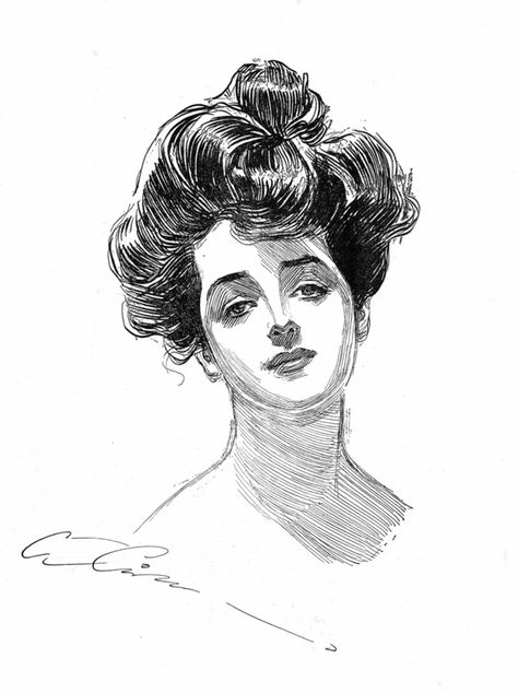 Charles Dana Gibson’s satirical drawings of American society defined the Gilded Age from the 1890s through the early 1900s. His women, in particular, so influenced American feminine style that the term "Gibson Girl" became part of the lexicon. Early 1900s Aesthetic, Art Nouveau Mucha, Charles Dana Gibson, Dana Gibson, Pen Art Work, The Gilded Age, Mucha Art, Woman Sketch, Pen Art Drawings