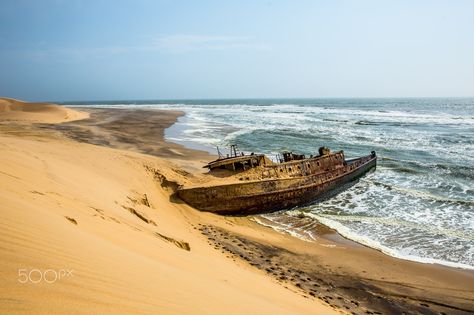 Abandoned Ship - An abandoned ship on the Skeleton Coast of Namibia. Unreal Landscape, Wrecked Ship, Ghost Ships, Africa Desert, Underwater Shipwreck, Water Lights, Cool Hobbies, Mayday Mayday, Desert Plains