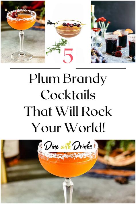 Collage of 4 plum brandy cocktails. Plum Brandy Cocktails, Plum Brandy Recipe, Plum Cocktails, Brandy Cocktail Recipes, Plum Drink, Brandy Sour, Brandy Drink, Plum Brandy, Sunset Drink