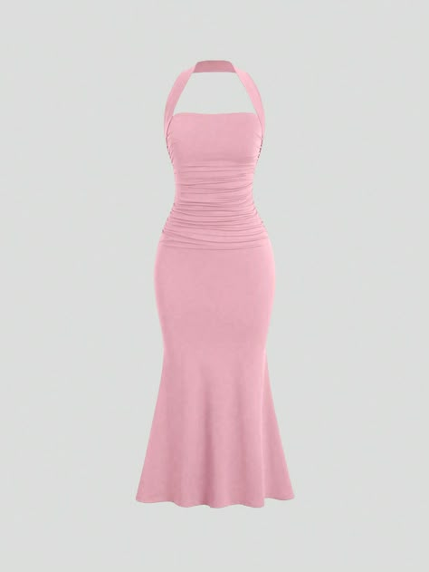 Rosa Elegante,Sexy Collar sin mangas Tela tejida Liso Apretado Embellished Elástico Alto Dresses To Wear To A Wedding Pink, Pink Fitted Dress, Vestidos Para Baby Shower, Halter Dress Formal, Mermaid Midi Dress, Rose Bonbon, Pink Bodycon Dresses, Shein Dress, Shower Dresses