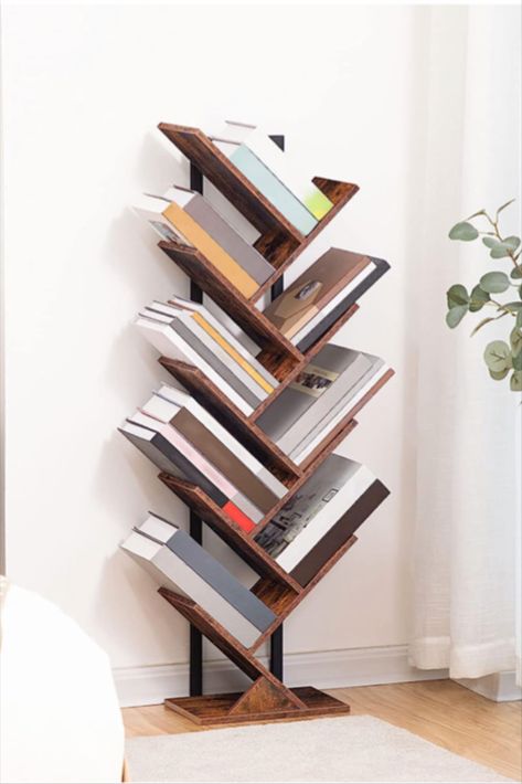 HOOBRO tall tree woden bookshelf rustic, simplistic, abstract bookshelf Abstract Bookshelf, Standing Book Shelf, Bookshelf Rustic, Dvd Stand, Shelf Tall, Standing Bookshelf, Tree Bookcase, Living Room Rustic, Tree Bookshelf