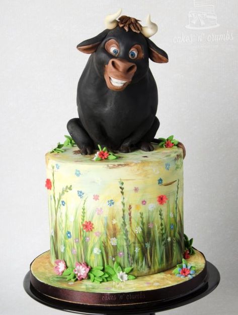 Ferdinand the Flower Bull... Hima Bindu, Cow Birthday Cake, 75 Birthday Cake, Ferdinand The Bulls, Fantasy Cake, 4th Birthday Cakes, Farm Cake, Cow Birthday, Animal Cakes