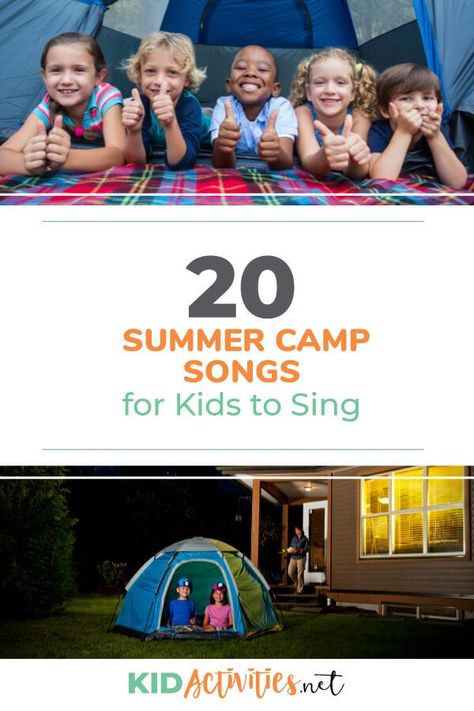 A collection of summer camp songs for kids. Strategically incorporate these fun songs into your camp calendar. Sing "Wheels On the Bus" on the bus trip to camp. Sing the Wake Up Song when kids should be waking up. #kidactivities #activitiesforkids #funforkids #ideasforkids Camp Songs For Kids, Camping Songs For Kids, Summer Camp Songs, Camping Songs, Camping Dramatic Play, Wake Up Songs, Fun Songs For Kids, Summer Party Games, Summer Camp Themes