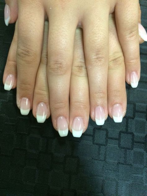 French Tip Dip Powder Nails Coffin, Short Ballerina French Nails, Ballerina Nails Short French, French Tip With Crystals, Short Coffin Nails French Tip, Short Coffin French Tip Nails, Types Of French Tips Nails, French Tip Ballerina Nails, Short Ballerina Nails