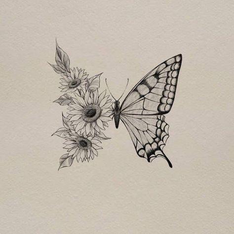 Sunflower Butterflies Tattoo, Small Butterfly And Sunflower Tattoo, Sunflower Half Tattoo, Sunflowers Butterfly Tattoo, Butterfly With Sunflowers Tattoo, Butterfly Tattoo Sunflower, Tattoo Sunflower And Butterfly, Half Butterfly Half Daisy Tattoo, Cool Sunflower Tattoos