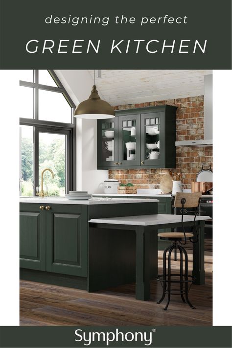 Green Kitchen Brick Wall, Green Kitchen White Worktop, Dark Green Kitchen Cabinets Brick Backsplash, Green Kitchen With Brick Wall, Green Brick Kitchen, British Racing Green Kitchen, Green Kitchen With Brick Backsplash, Green And Brick Kitchen, Bottle Green Kitchen