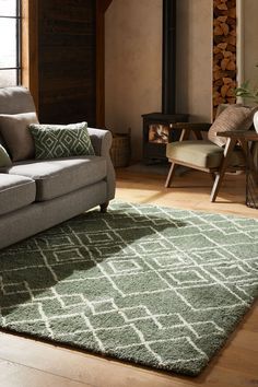 Sage Green And Cream Rug, Sage Green And Copper Living Room, Sage Rug Living Room, Sage Green Front Room, Thick Rugs In Living Room, Lounge Rugs Living Rooms, Rugs In Living Room Green, Living Room Green Rug, Sage Green Rug Living Room