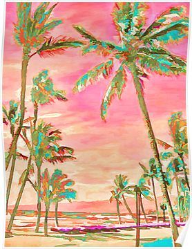 Peach Art, Florida Art, Canvas Drawings, Easy Canvas Painting, Pink Posters, Vintage Hawaii, Hawaii Beach, Beach Canvas, Hawaiian Beach