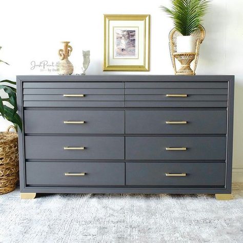 Blue Grey Dresser Painted Furniture, Dark Grey Dresser, Charcoal Dresser, Dresser Colors, Painted Tv Stand, Flipped Furniture, Brass Bedroom, Dressers Bedroom, Dresser Flips