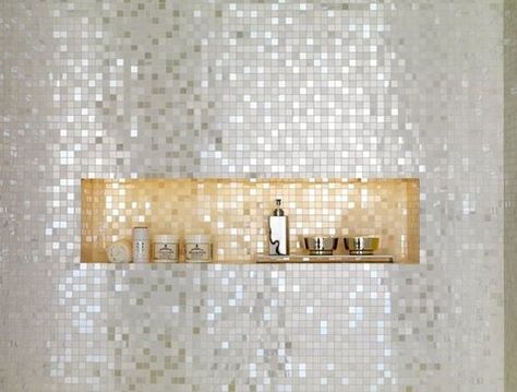 Gloss Walls, Shower Nook, Tile Niche, Tile Shower Niche, Gray And White Bathroom, Niche Ideas, White Bathroom Designs, Gold Mosaic, Bad Inspiration