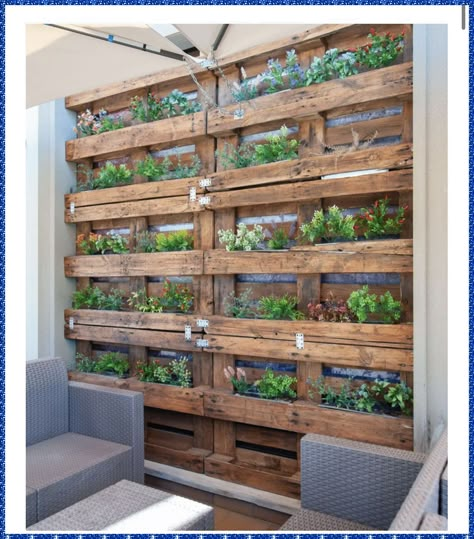 Vertical Patio Garden, Garden Wall Ideas, Pallet Garden Walls, Vertical Pallet Garden, Pallet Fence, Vertical Garden Wall, Pallet Planter, Walled Garden, Pallet Garden