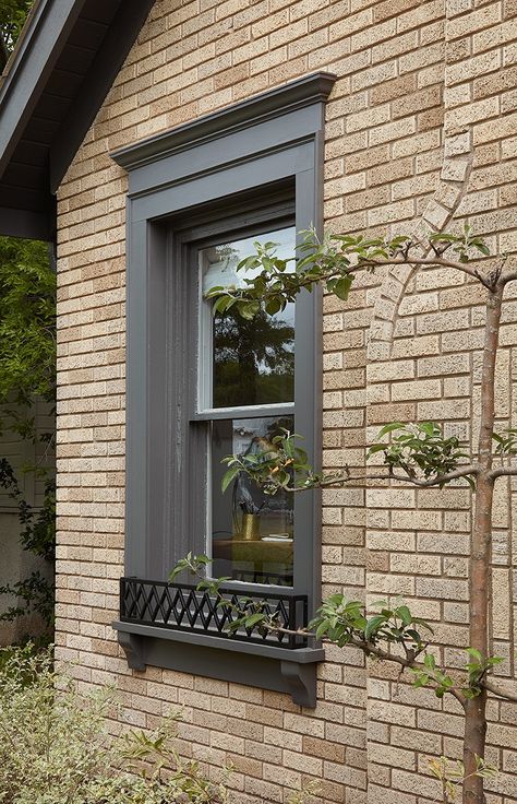 Shutter Replacement Ideas, Exterior Window Paint Colors, Window Trim Exterior Brick, Outside Windows Ideas, Framed Exterior Windows, Brick House With Grey Trim, Exterior Window Accent Ideas, Gray Windows Exterior, Limestone Window Surround