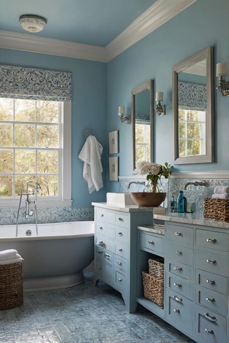 Begin your day surrounded by the calm of Morning Sky Blue (2053-70) in your coastal bathroom. Discover an interior designer's routine for a soothing space. #Ad #homedecor #homedesign #bathroom #Painthome interiorarchitecture best Wall Colors for Bathroom Colors
Bright Room Colors
best colors combinations bathroom
bathroom Remodeling
Modern Paint Colors
2024 Pale Blue Bathroom, Sky Blue Bathroom, Blue Bathroom Paint, Luxurious Home Office, Bright Room Colors, Bathroom Cabinet Colors, Light Blue Bathroom, Blue Bathroom Walls, Coastal Bathroom Design