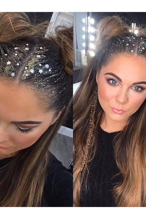 Glitter Roots Hair Trend - Music Festival Hairstyles | Teen Vogue Glitter Roots Hair, Official Hairstyle, Music Festival Makeup, Music Festival Hair, Glitter Roots, Festival Makeup Glitter, Rave Hair, Festival Glitter, Fest Outfits