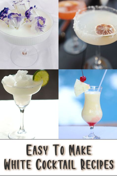 White Cocktails White Mixed Drinks, White Drinks Alcohol, White Alcoholic Drinks For A Party, Fall White Wine Cocktails, White Wine Cocktail Recipes, White Cocktails Recipes, Clear Cocktail Recipes, Alcholic Drink White, White Alcoholic Drinks