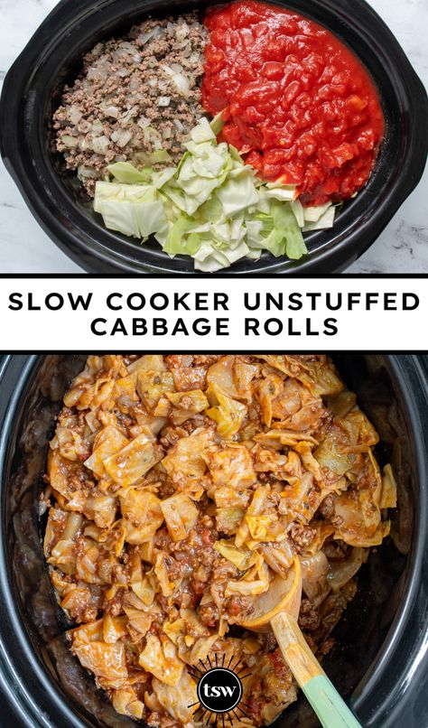 Easy Crockpot Unstuffed Cabbage Rolls - The Schmidty Wife Ground Beef Cabbage Crockpot Recipes, Easy Healthy Crock Pot Dinner, Cabbage Sausage Recipes Crockpot, Lite Easy Dinner Recipes, Cabbage Roll Soup Crockpot, Cabbage Casserole Crockpot, Crockpot Unstuffed Cabbage, Beef Crockpot Recipes Healthy, Cabbage Soup Crockpot