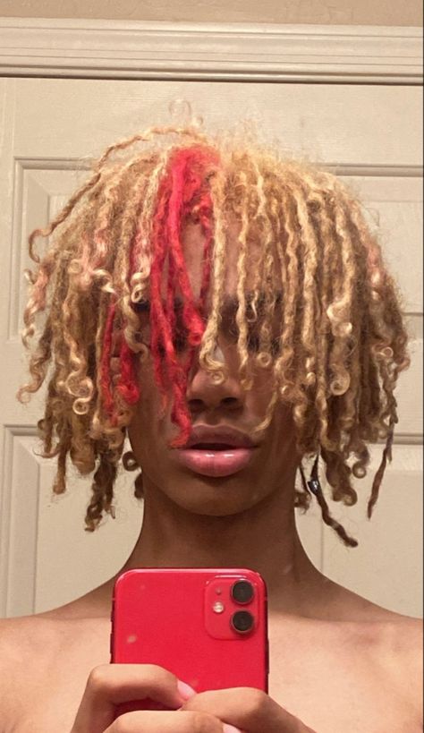 Dyed Freeform Locs, Pink Dreads Men, Red And Blonde Dreads, Dyed Curly Hair Men, Dread Colors, Coloured Locs, Locs Color, Dyed Dreads, Colored Dreads