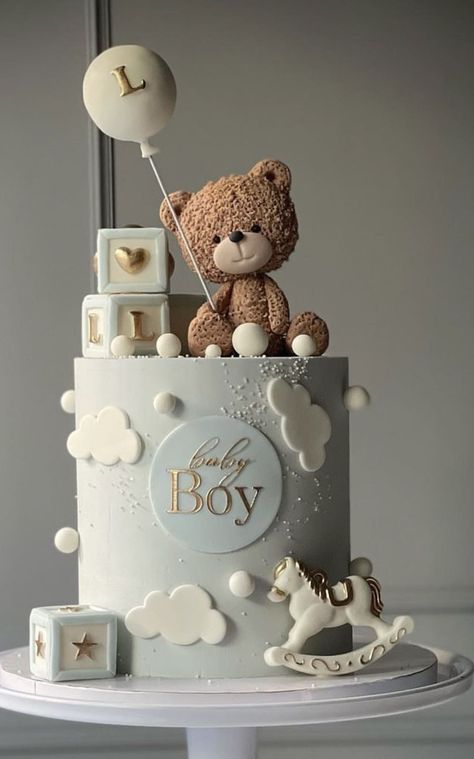 Bearly Wait Cake Ideas, Teddy Baby Shower Cake, Baby Shower Cake Bear Theme, Bear Cakes For Baby Showers, Bear Cake Baby Shower Boy, Tort Baby Shower Boy, Bear Cake First Birthday, Cake Bear Baby Boy, Bear Boy Baby Shower Ideas