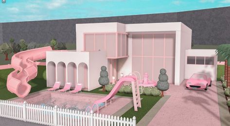 Bloxburg pink house Fun Bloxburg Builds, Water Park Bloxburg, Basic Bloxburg House, Playground Bloxburg, Barbie Dream House Bloxburg, Bloxburg Waterpark Layout, Dream House Bloxburg, Bloxburg Dream House, Bloxburg Park