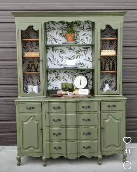 Olive Green China Cabinet, Sage Green China Cabinet, Green Painted China Cabinet, Boho China Cabinet Display, Green China Cabinet, Refinished China Cabinet, Old China Cabinet, China Hutch Decor, Painted China Cabinets