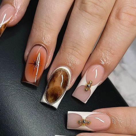 @_slayedbyjayde on Instagram: "are you team pumpkin or sweet potato pie? 🥧🍂💛  #slayedbyjayde 💅🏽 #nails #nailsofinstagram #CTnails #rhinestonenails #cherrynails #chromenails  #flowernails #squarenails #freestylenails #3dnails #nailfie #lanails #lanailtech #dallasnailtech #y2knails #nycnailtech #nycnails  #tortoiseshellnails #celebritynailtech #auranails #airbrush #brownnails #explore #fallnails #cheetahnails #setroulette" Square Airbrush Nails, Tortishell Nails Design Square, Cute Short Fall Nail Sets, Fall Nails Sweater Design, Red Croc Print Nails, Fall Season Nails Square, Fall Nail Acrylic Designs, Autumn Design Nails, Fall Airbrush Nails