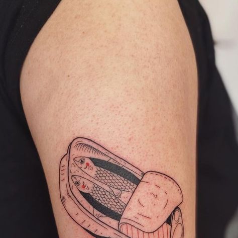 Justine Crawford on Instagram: "sardines in love for Bill Murray’s #1 fan, Hannah! thanks for coming to me for this very fun custom 🐟 make sure to swipe to see the little heart eyes 😍 . . . #tattoo #art #artist #artistsoninstagram #vancouvertattoo #illustration #vancouvertattooartist #blackworktattoo #blackwork #vancouver #minimalisttattoo #contemporarytattoo #vancouvertattoo #ignorantstyletattoo #folktattoo #sardinetattoo #blackworktattoos #armtattoo #sardines" Sardine Tattoo Fish, Sardine Tin Tattoo, Sardine Tattoo Minimalist, Can Of Sardines Tattoo, Tin Fish Tattoo, Portuguese Sardine Tattoo, Tinned Fish Tattoo, Burnt Toast Tattoo, Sardine Can Tattoo