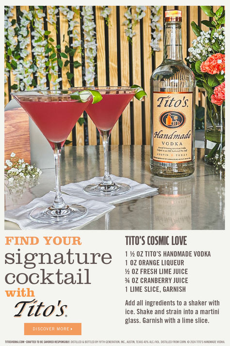 Flirty, fabulous, and topped with Tito's Handmade Vodka; the perfect signature drink to sip before you get on the dance floor. Orange liqueur, cranberry juice, fresh lime, and Tito's make a Cosmic Love like no other. Simple, smooth, and naturally gluten-free. Here's to you for saying "I do." Broil Recipes, Christmas Cocktails Vodka, Cocktails Vodka, London Broil Recipes, Cosmic Love, Travel Bar, Orange Liqueur, London Broil, Yummy Alcoholic Drinks