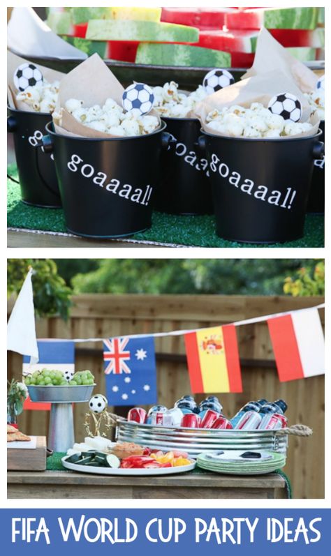 World Cup Themed Party, Chelsea Soccer Party Theme, World Cup Party Food, Soccer Ideas Party, World Cup Snacks, World Cup Food Ideas, Fifa Soccer Party Ideas, World Cup Birthday Party Ideas, Fifa Party Ideas