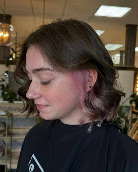 pops of pink💗 we love a little peekaboo highlight! how do you feel about getting little pops of color? Comment below👇🏻 #hairstylist #pinkhairgoals #boonenc #appstate #peekaboo Short Hair Pink Peekaboo, Hair Dye Colors Peek A Boo, Curly Under Dyed Hair, Peekaboo Placement, Pink Peek A Boo Hair, Short Peekaboo Hair, Peekaboo Hair Dye, Peekaboo Pink Hair, Peekaboo Hairstyle