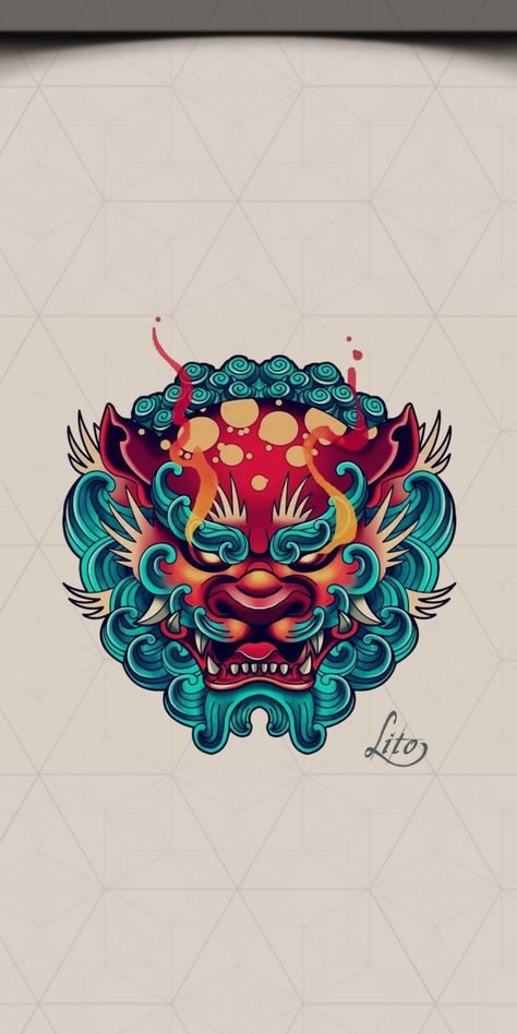 Komainu Tattoo Design, Foo Dog Tattoo Design Ideas, Foo Dog Art, Japanese Foo Dog, Foo Dog Tattoo Design, Foo Dog Tattoo, Tattoo Japanese Style, Black Skull Tattoo, Buddha Tattoo Design