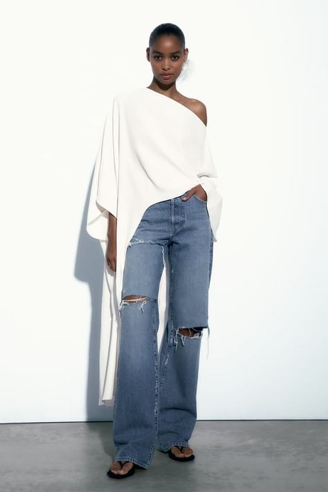 ASYMMETRIC CAPE BLOUSE - Ecru | ZARA United States Fashion Week Ss 2024, Dramatic Ethereal, Asymmetric Cape, Mommy Clothes, Blouse 2023, Cape Blouse, Cape Top, Flamboyant Natural, Flowing Blouse