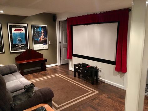 The new red curtain in my home theater looks pretty bad ass! Theater Curtains Aesthetic, Movie Room Curtains, Basement Movie Room, Basement Home Theater, Theater Decor, Theatre Curtains, Home Cinema Room, Home Theater Decor, Decorative Curtain Rods