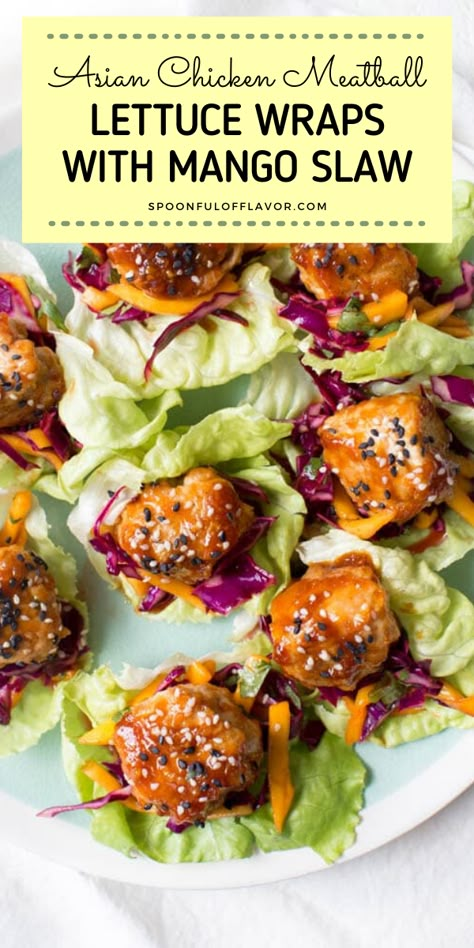 Meatball Lettuce Wraps, Asian Chicken Meatballs, Easy Asian Chicken, Saucy Chicken, Lettuce Recipes, Mango Slaw, Chicken Meatball, Healty Dinner, Pumpkin Recipes Healthy