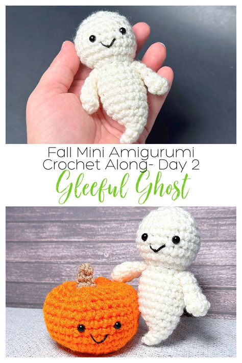 No Sew Ghost Crochet, Mini Halloween Amigurumi, Crochet Ghost With Pumpkin, Cute Halloween Amigurumi, Tiny Ghost Crochet Pattern, Crochet Mini Halloween, Small Crochet Ghost, Crochet Halloween Ghost, Free Horror Crochet Patterns