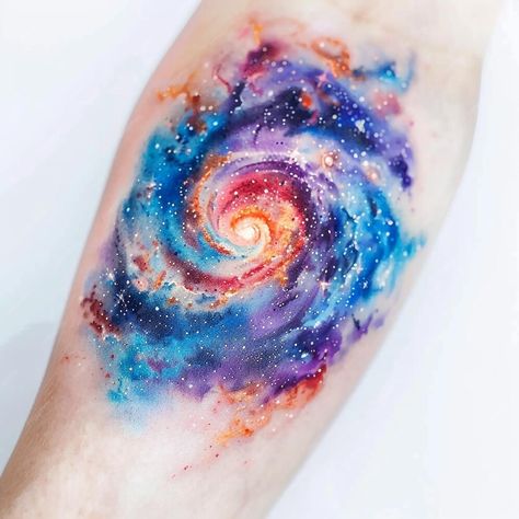 Premium Photo | Watercolour Galaxy Tattoo with Swirling Universe Watercolor Tattoo, Galaxy Swirl Tattoo, Milky Way Galaxy Tattoo, Spiral Galaxy Tattoo, Simple Galaxy Tattoo, Galaxy Tattoo Ideas, Geometric Universe Tattoo, Watercolor Galaxy Tattoo, Geometric Watercolor Tattoo