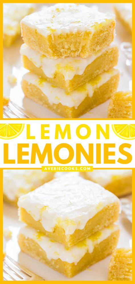 Lemon Lemonies — Like lemon brownies, but made with lemon and white chocolate! Dense, chewy, not cakey and packed with big, bold lemon flavor! Lemony Lemon Brownies, Best Lemon Desserts, Lemon And White Chocolate, Lemon Recipes Easy, Blondies Recipes, Chocolate Peanut Butter Desserts, Lemon Brownies, Averie Cooks, Blondies Bars