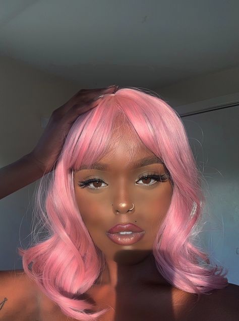 Dark Pink Hair Black Women, Dark Skin With Pink Hair, Pink And Black Natural Hair Black Women, Pink Hair Black Women Natural 4c, Light Pink Wig On Dark Skin, Cotton Candy Pink Hair On Black Women, Dark Pink Hair, Hair Wax, Colored Wigs