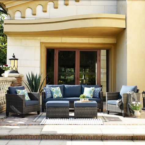 Dovecove Creighton Wicker/Rattan 5 - Person Seating Group with Cushions & Reviews | Wayfair Savannah House, Deck Layout, Pillows Blue, Pools Backyard Inground, Rattan Patio Furniture, Blue Patio, Outdoor Sofa Sets, Pools Backyard, Backyard Porch