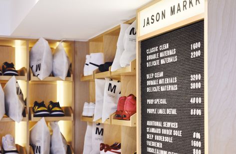 Frameweb | So fresh, so clean: Jason Markk’s Tokyo shop reinvents the classic cobbler space for sneakerheads So Fresh So Clean, Shoe Cubby, Jason Markk, Stainless Steel Counters, Japan Store, Retail Interior, Purple Label, Wooden Shoes, So Fresh