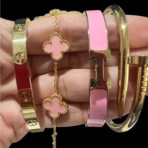 Stainless Steel 3 Bangles And 1 Bracelet Pink And Gold Gold And Pink, Bracelets Gold, Pink Bracelet, Stainless Steel Bracelet, Womens Jewelry Bracelets, Pink Gold, Pink And Gold, Pink Color, Pink Ladies